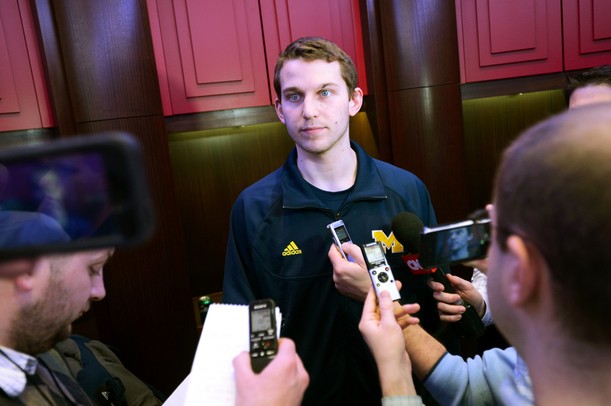 Michigan freshman Nik Stauskas looks up as he answers questions from the media during a press conference in the Pistons locker room on Tuesday, March 20, 2013 at the Palace in Auburn Hills. Melanie Maxwell I AnnArbor.com